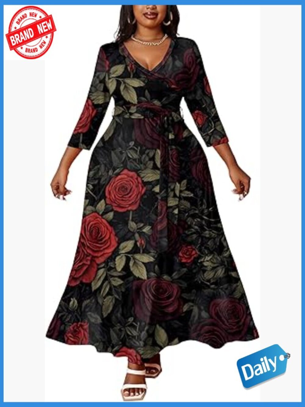 Plus Size Maxi Dress w/ Belt Pockets 3/4 Sleeve V-Neck Flowy